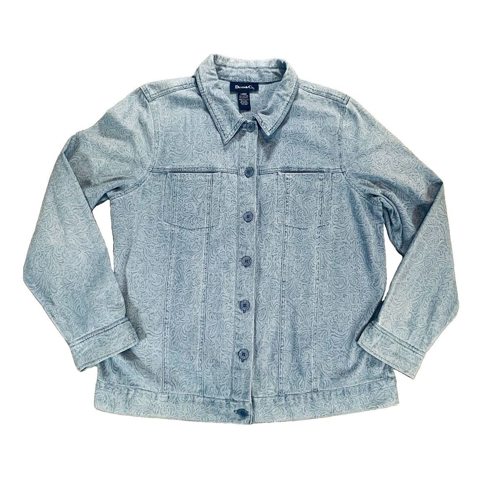 Denim & Co Denim Jacket Shacket Large Light Wash Tonal Floral buttons pockets